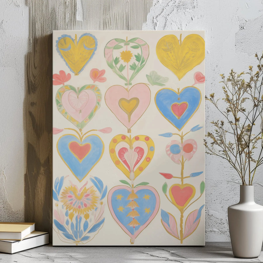 Folk Art Heart Canvas Print | Colorful Floral Love Aesthetic | Gallery Wrap Premium Wall Decor | Romantic Boho Home Gift