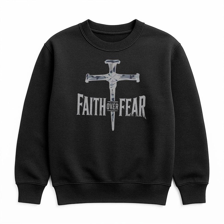 Faith Over Fear Sweatshirt | Camo Cross Religious Graphic | Premium Cotton Blend | Christian Gift for Men and Women