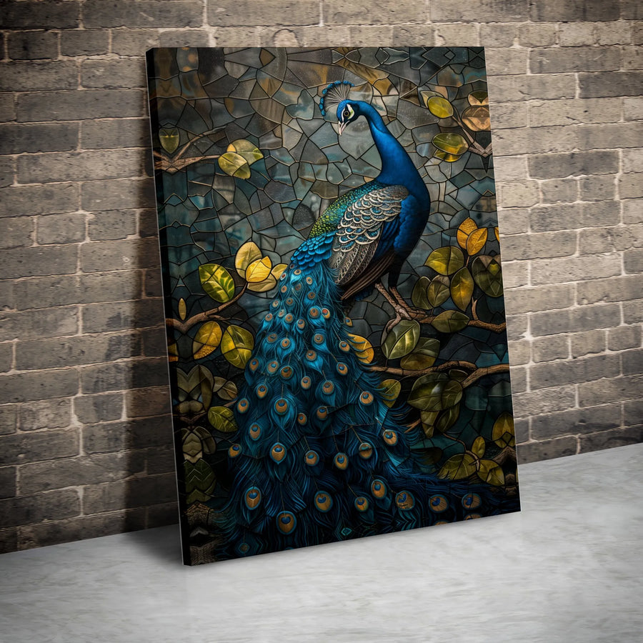 Stained Glass Peacock Canvas Wall Art | Elegant Bird Mosaic Print | Premium Fade-Resistant Decor | Sophisticated Living Room Home Gift