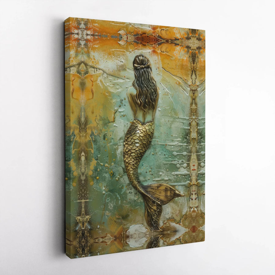 Mermaid Wall Art Canvas | Abstract Golden Tail Design | Premium Gallery Wrap Print | Coastal Home Decor Gift for Ocean Lovers