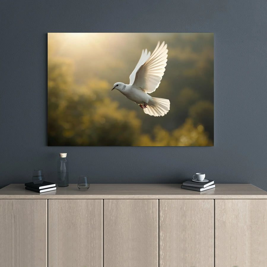 White Dove Canvas Wall Art | Peaceful Bird Flying In Golden Sunlight | Premium Gallery Wrap Print | Serene Nature Home Decor Gift
