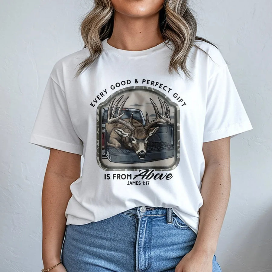 Christian Deer Hunting T-Shirt | James 1:17 Bible Verse Buck Graphic | Premium Cotton Tee | Gift for Christian Hunter