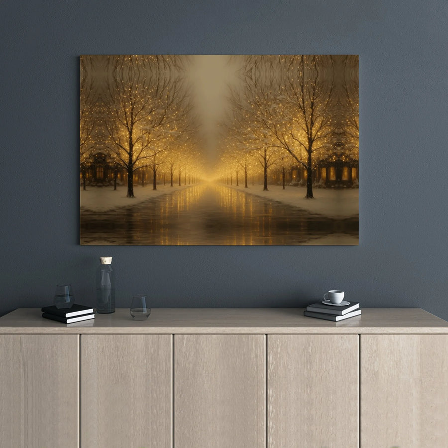 Winter Forest Canvas Print | Golden Fairy Light Trees Art | Gallery Wrapped Premium Decor | Cozy Holiday Home Wall Art