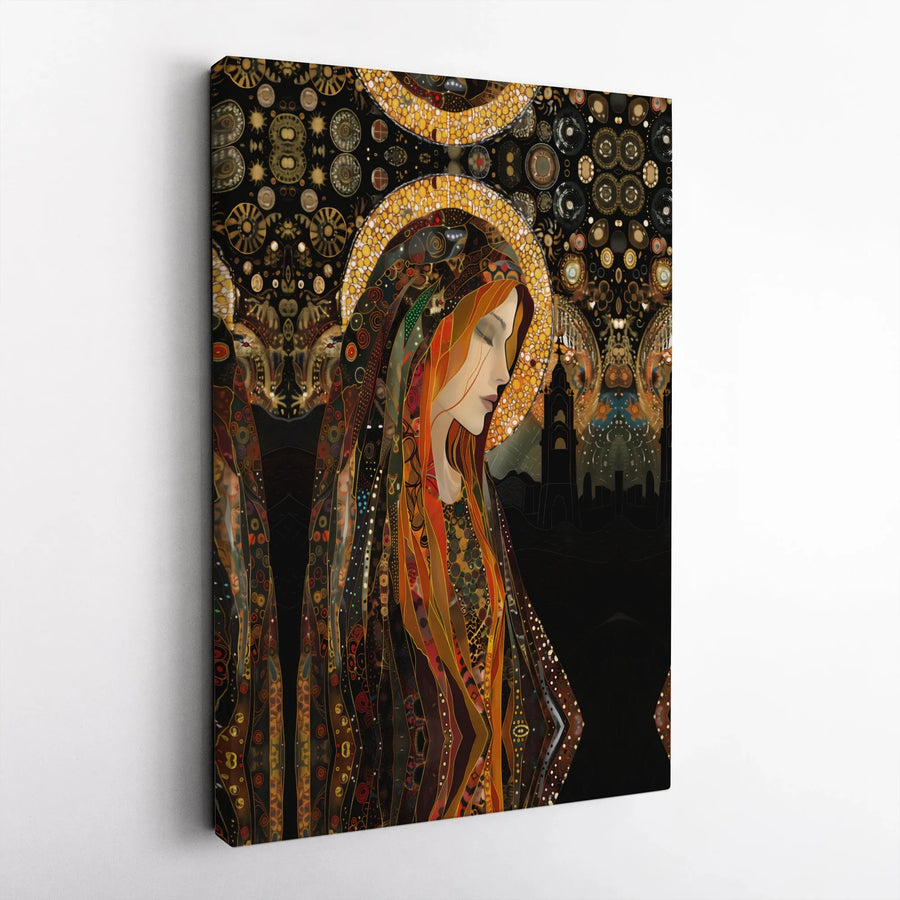 Abstract Madonna Canvas Wall Art | Klimt Inspired Gold Halo Design | Premium Frameless Canvas | Spiritual Home Decor Gift