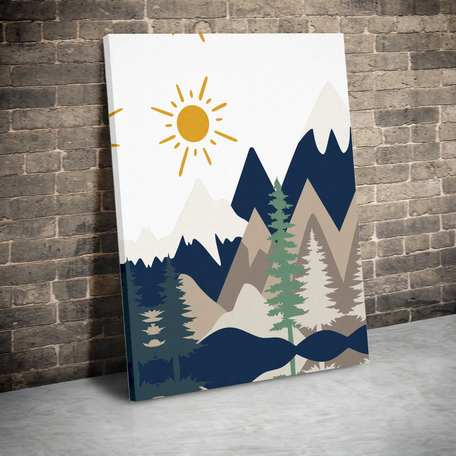 Minimalist Mountain Landscape Wall Art | Boho Sun and Pine Tree Forest Print | Gallery-Quality 1.25 Inch Canvas | Modern Nature Home Decor