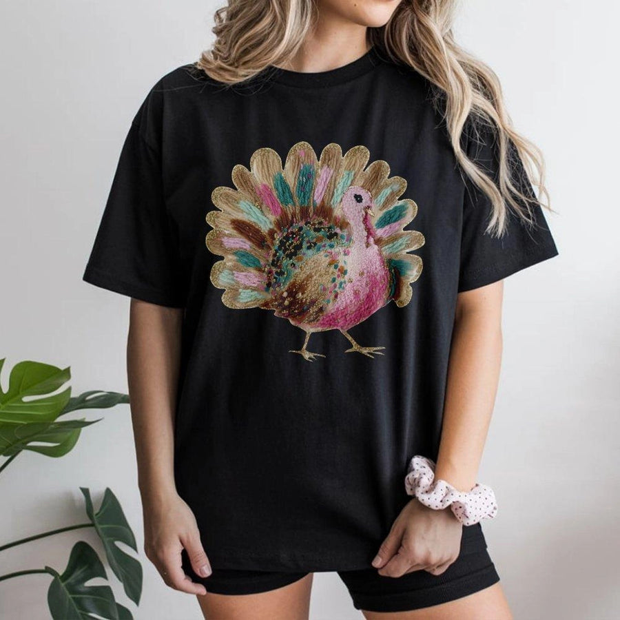 Turkey Graphic T-Shirt | Artistic Faux Yarn Thanksgiving Design | Premium Soft Cotton | Unique Holiday Gift for Turkey Lovers