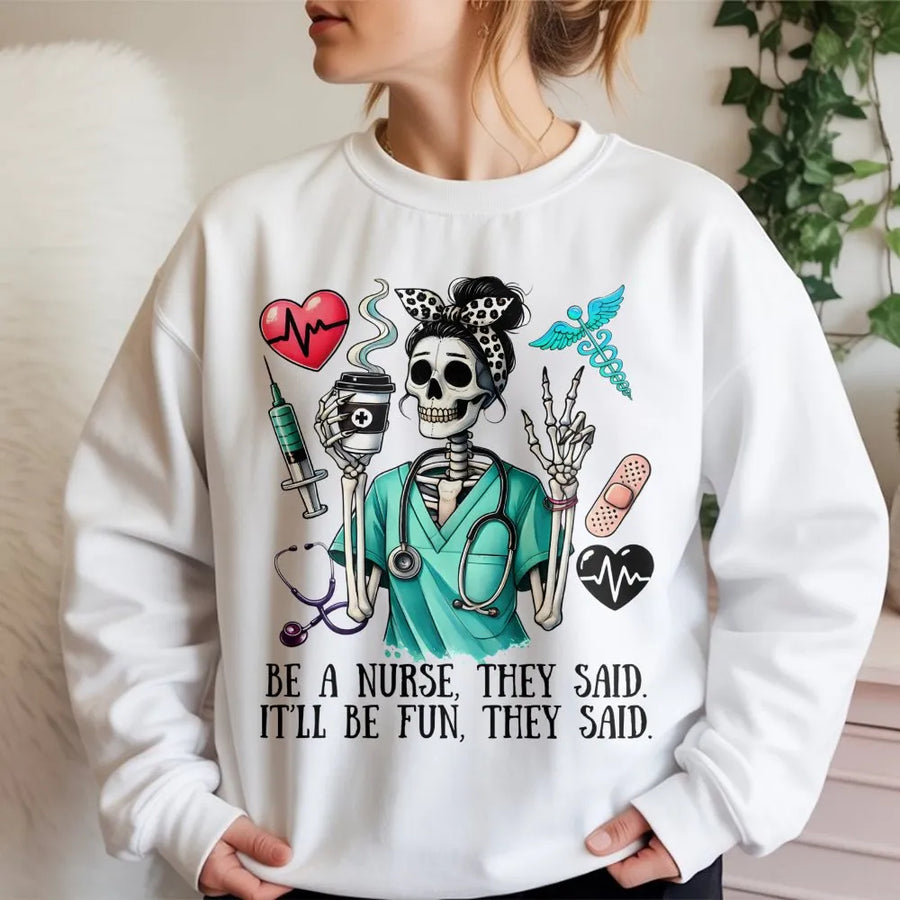 Nurse Skeleton Sweatshirt | Funny Nursing School Graphic Tee | Premium Cotton Blend Crewneck | Healthcare Worker Graduation Gift for Women