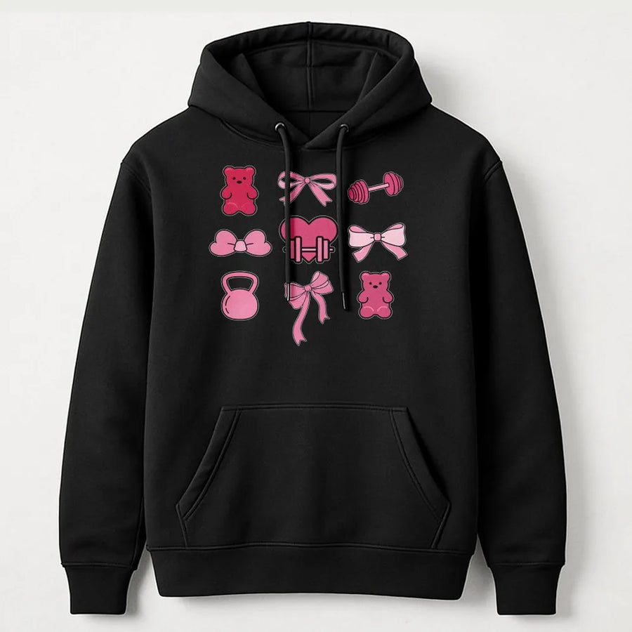 Pink Bow Gym Hoodie | Coquette Aesthetic Weightlifting Graphic | Premium Cotton Blend | Aesthetic Fitness Gift for Her