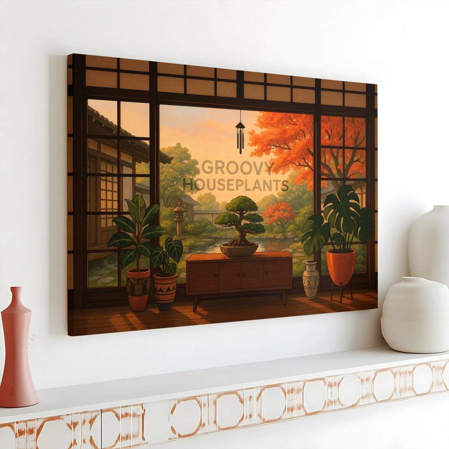 Japanese Garden Canvas Wall Art | Bonsai and Monstera Plant View | Premium Gallery Wrap Decor | Zen Interior Gift for Nature Lovers