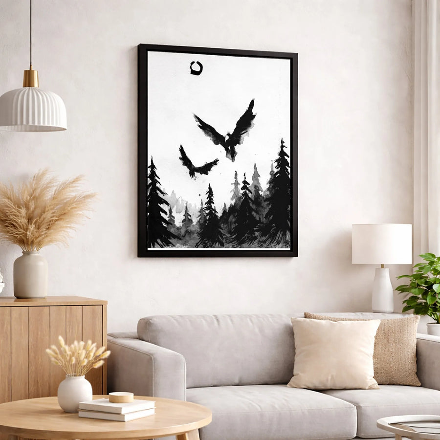 Sumi-E Bird Canvas Print | Minimalist Ink Wash Pine Forest Wall Art | Gallery Quality 1.25" Profile | Zen Nature Decor Gift for Home