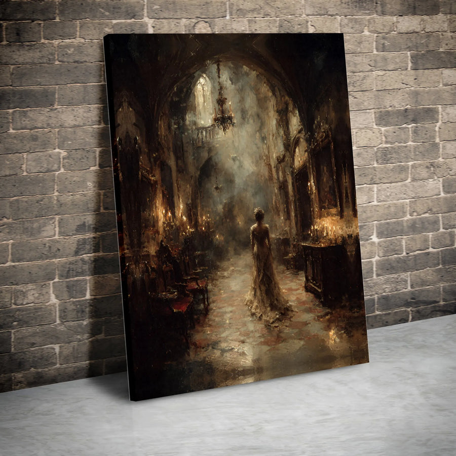 Gothic Cathedral Wall Art | Woman In Ballgown Oil Painting Style | 1.25 Inch Gallery Wrapped Canvas | Moody Dark Academia Home Decor