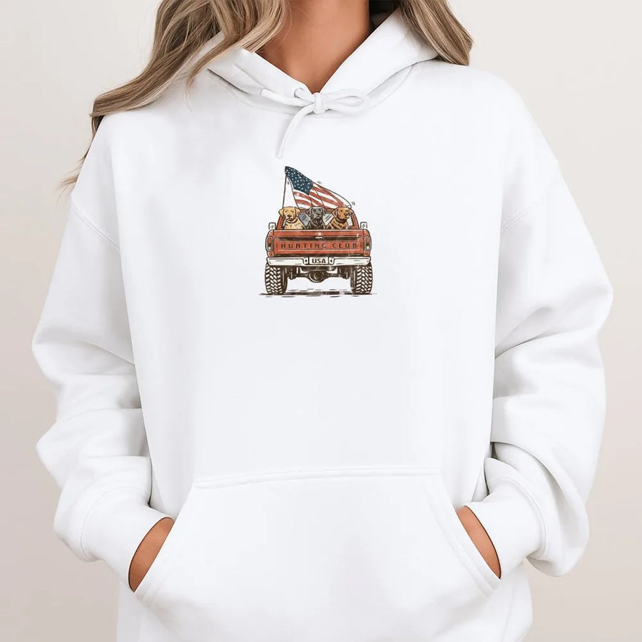 Labrador Hunting Club Hoodie | Vintage American Flag Truck Design | Soft Cotton Blend | 4th of July Gift for Dog Lovers