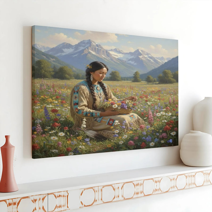 Native American Woman Canvas Wall Art | Mountain Meadow Wildflower Print | Premium 1.25-Inch Gallery Wrap | Western Home Decor Gift