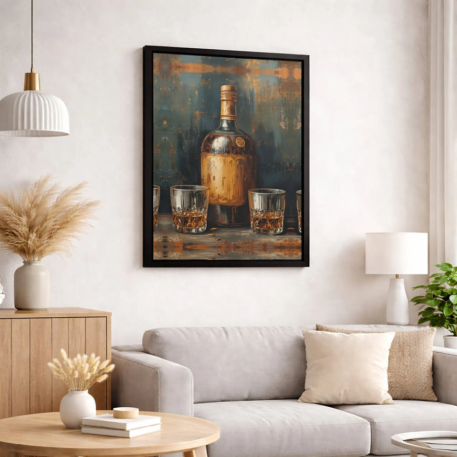 Whiskey Still Life Canvas Wall Art | Rustic Liquor Bottle And Glass Painting | 1.25-Inch Premium Gallery Profile | Bar Decor For Home Man Cave