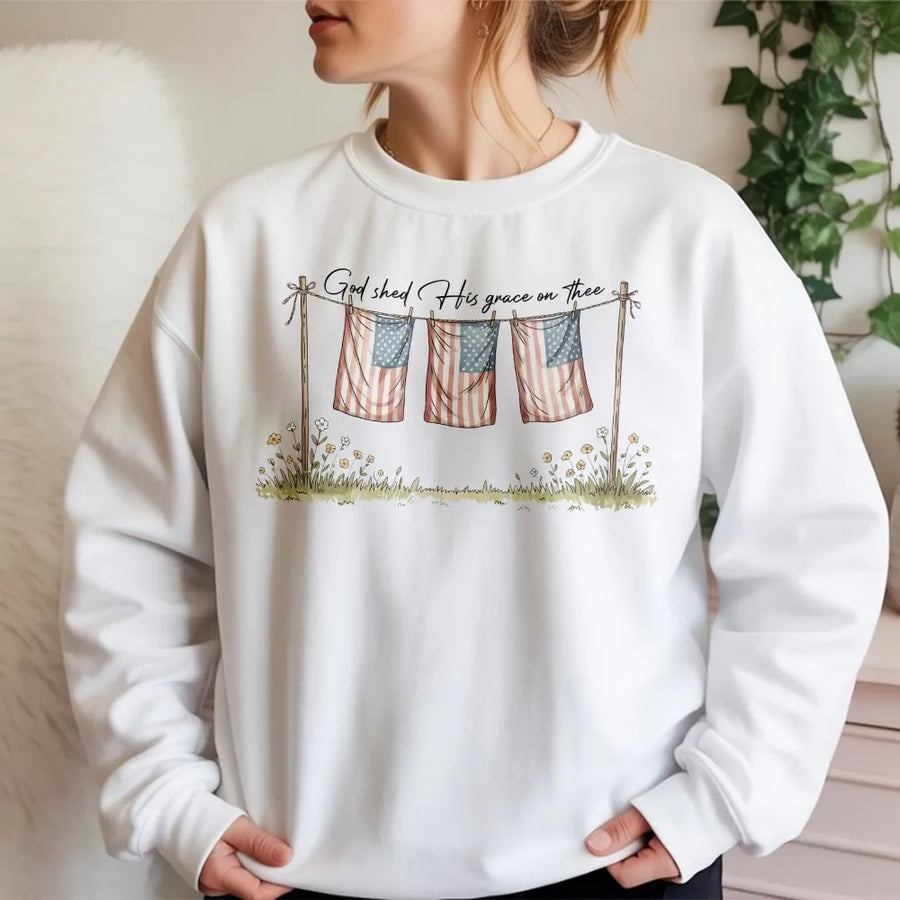 Christian Patriotic Shirt | Vintage American Flags on Clothesline Design | Premium Soft Cotton Tee | 4th of July & Independence Day Gift