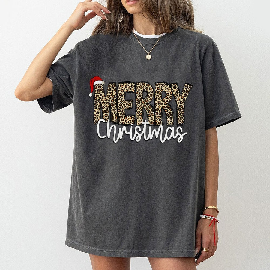 Merry Christmas T-Shirt | Leopard Print Graphic Holiday Tee | Premium 100% Cotton Soft Shirt | Festive Gift for Women & Men