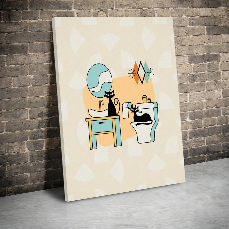 Mid-Century Modern Cat Bathroom Wall Art | Retro Black Cats Illustration | Premium 1.25-Inch Canvas Print | Whimsical Home Decor Gift