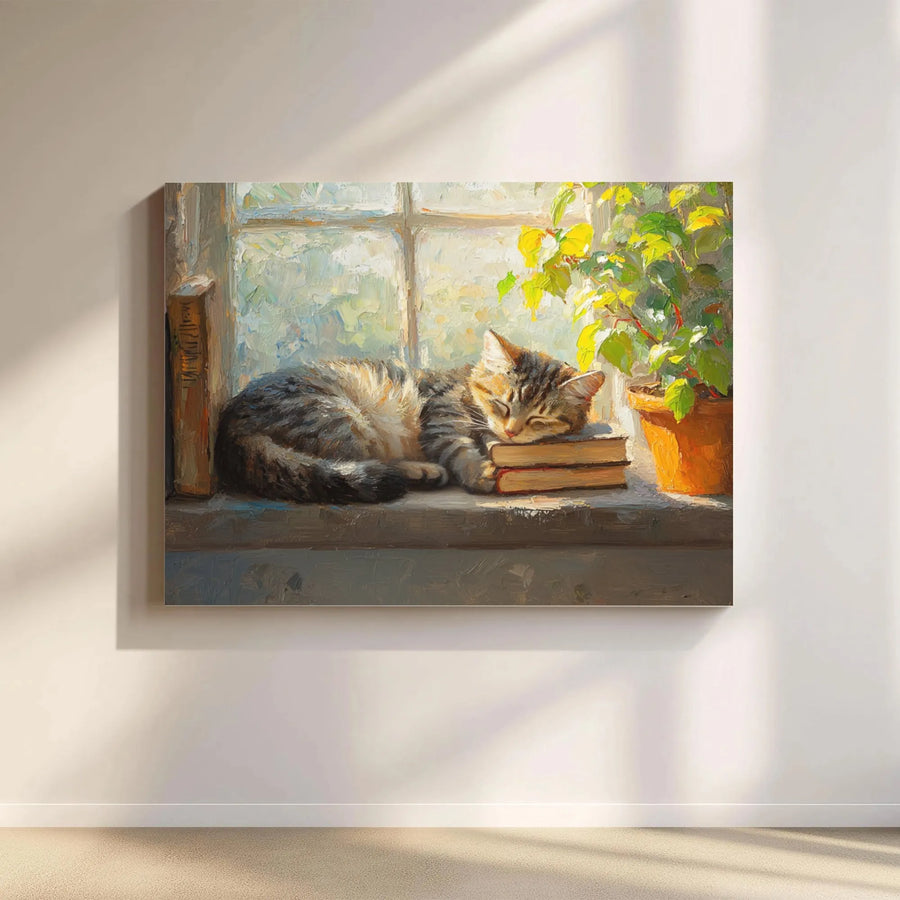 Sleeping Tabby Cat Canvas Print | Impressionist Bookshelf Wall Art | Premium Gallery-Wrapped 1.25" Profile | Cozy Home Office Decor Gift