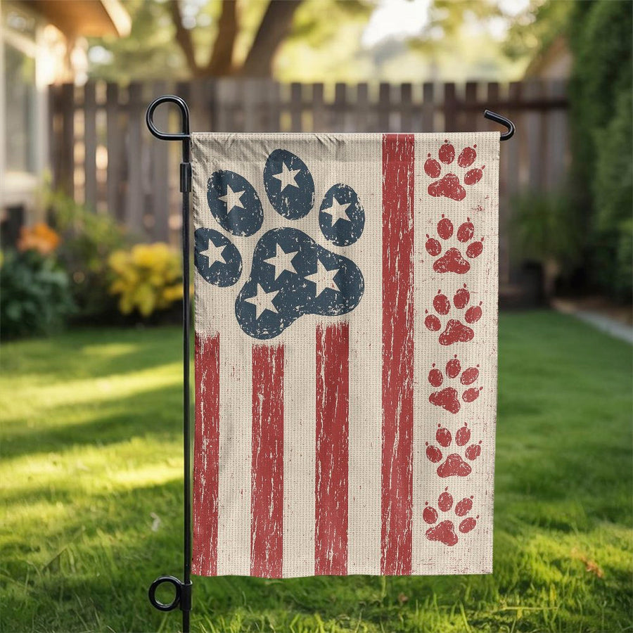 Patriotic Paw Print Garden Flag | Rustic American Flag Dog Design | Weather-Resistant Polyester | Outdoor Yard Decor Gift for Pet Lovers