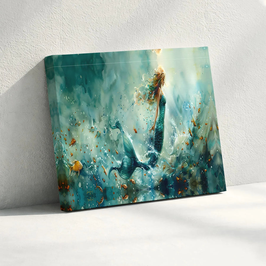 Mermaid Canvas Wall Art | Mystical Underwater Painting Print | Premium Gallery Canvas | Collector's Nautical Home Decor Gift