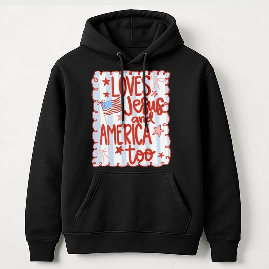 Loves Jesus And America Too Hoodie | Patriotic Coquette Bow Graphic | Premium Cotton Blend | Christian Faith 4th Of July Gift For Women