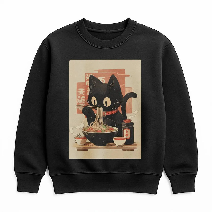 Ramen Cat Sweatshirt | Kawaii Anime Black Cat Graphic | Premium Cotton Blend | Funny Gift for Cat Lovers and Anime Fans
