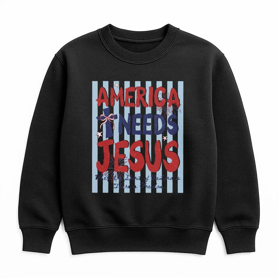 America Needs Jesus Sweatshirt | Patriotic Coquette Bow USA Graphic | Premium Cotton Comfort Colors Tee | 4th of July Christian Faith Gift
