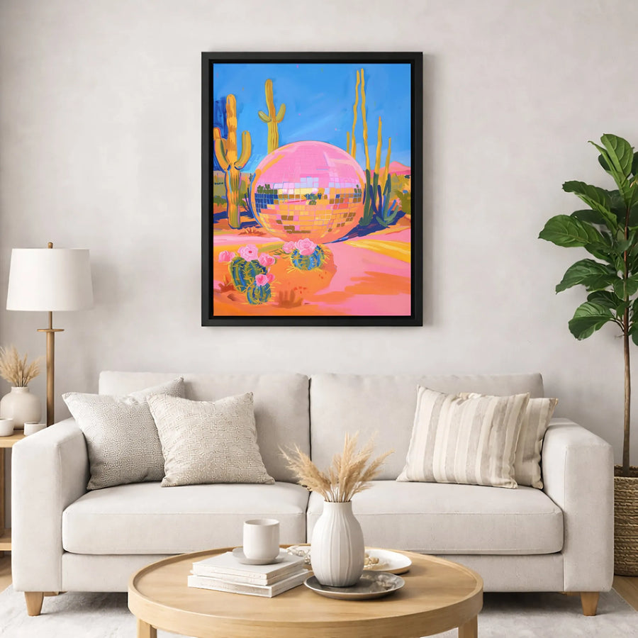 Pink Disco Ball Wall Art | Desert Cactus Landscape Print | Premium 1.25-Inch Gallery Canvas | Modern Bohemian Home Decor Gift
