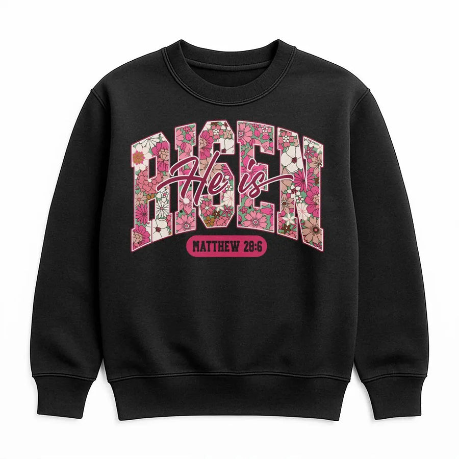 He Is Risen Sweatshirt | Floral Religious Easter Graphic | Premium Cotton Blend Crewneck | Christian Faith Gift for Women and Men