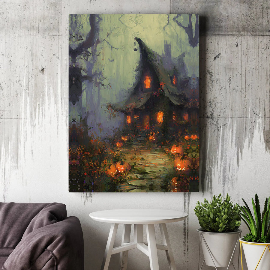 Haunted Witch House Canvas Print | Spooky Forest Jack-O'-Lantern Wall Art | Premium Fade-Resistant Gallery Wrap | Gothic Halloween Home Decor Gift