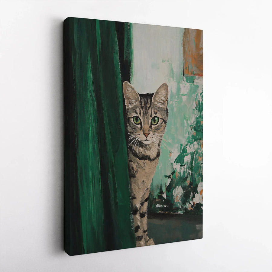 Tabby Cat Wall Art | Peeking Kitten Behind Green Curtain | Gallery Wrapped Premium Canvas | Whimsical Animal Home Decor Gift