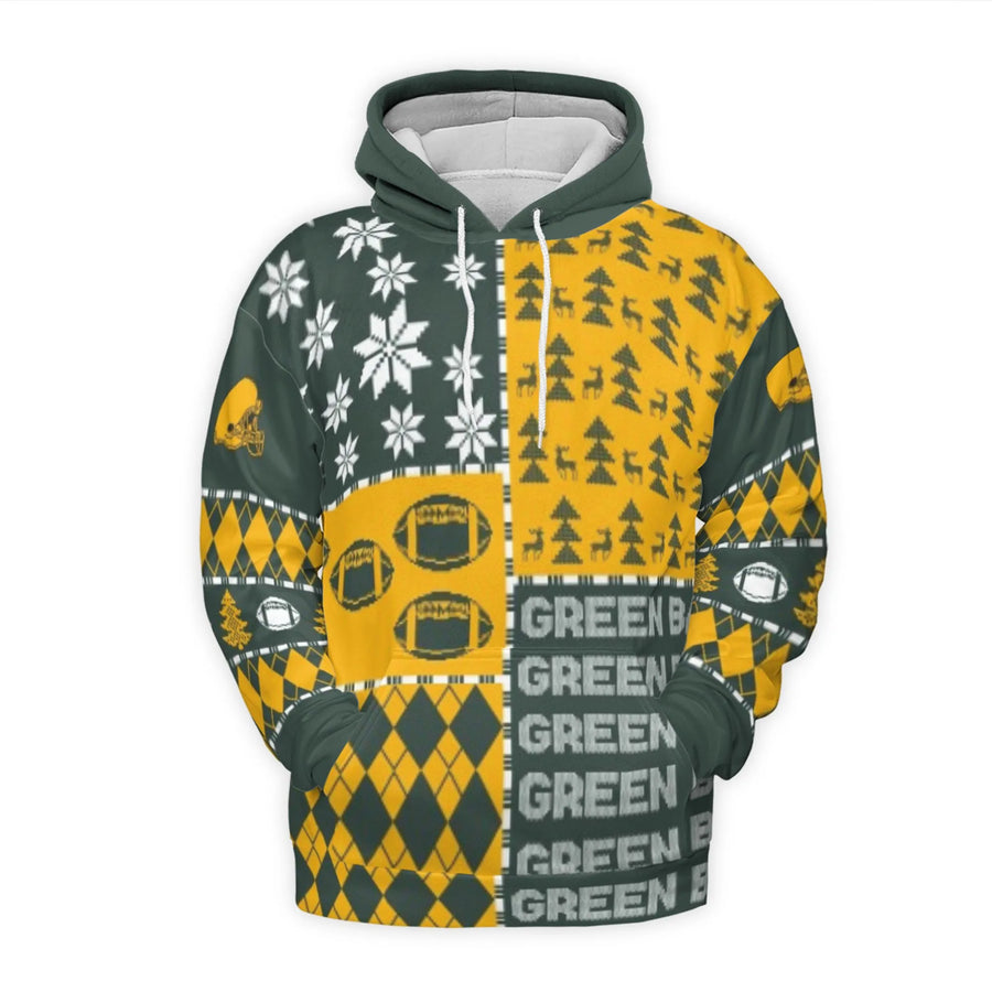 Green Green Bay Packers Ugly Christmas 3D Hoodie Patchwork