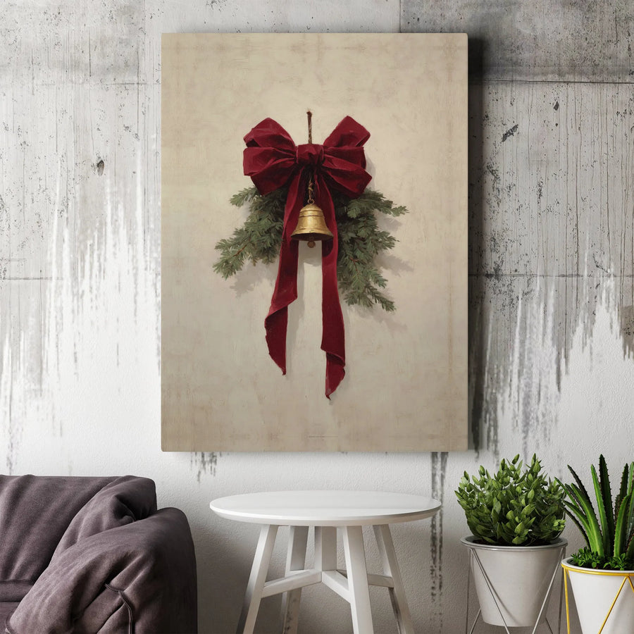 Christmas Jingle Bell Wall Art | Rustic Red Velvet Bow Pine Branch Print | Gallery-Quality 1.25" Framed Canvas | Cozy Holiday Home Decor Gift