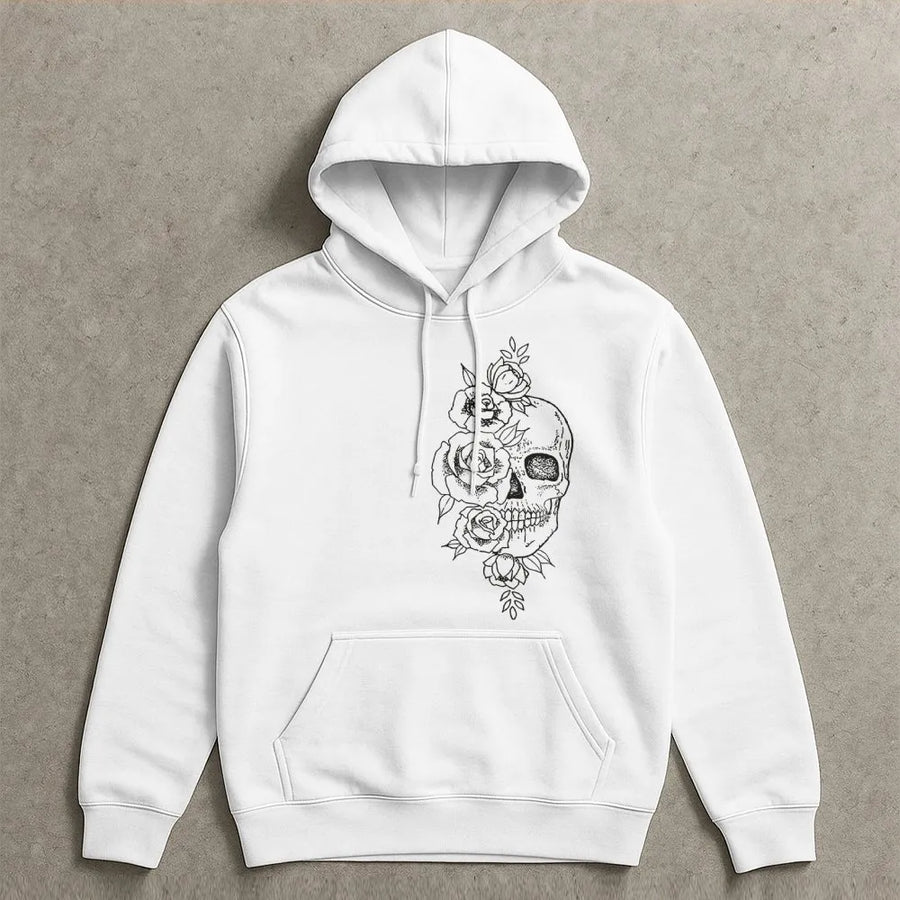 Skull and Roses Hoodie | Gothic Floral Line Art Graphic | Premium Cotton Blend Streetwear | Unisex Aesthetic Gift for Alternative Style Lovers
