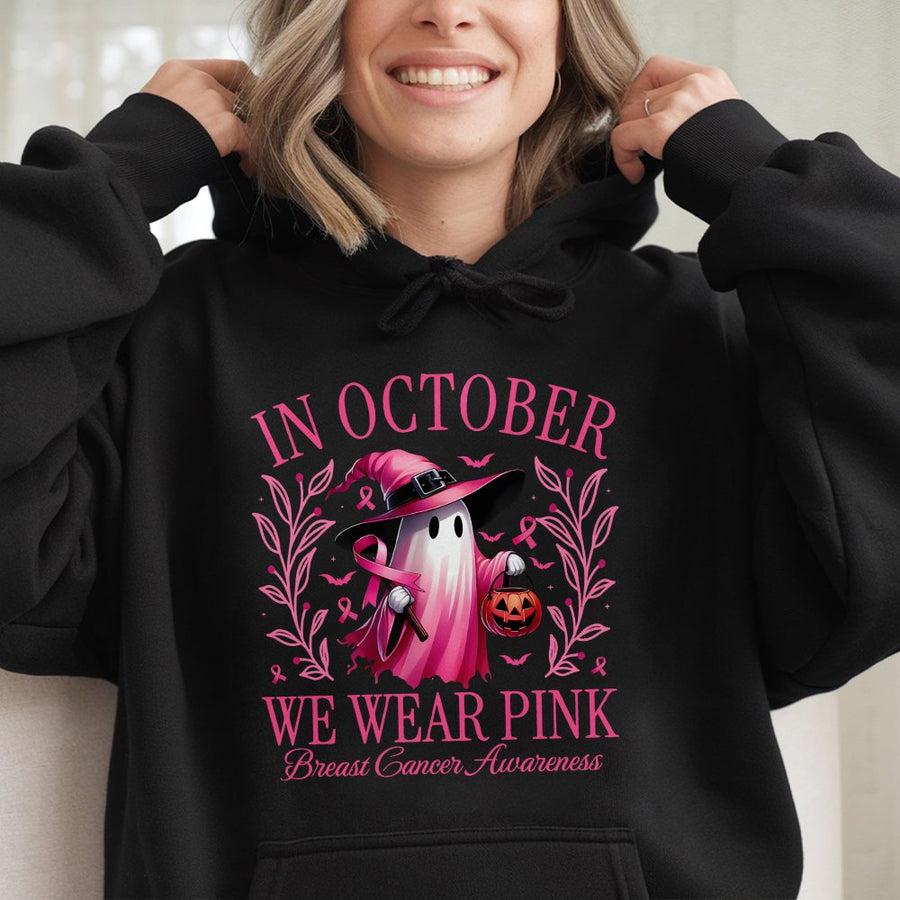Breast Cancer Awareness Hoodie | Cute Ghost Witch Halloween Design | Cotton-Poly Blend | October Pink Ribbon Gift For Women