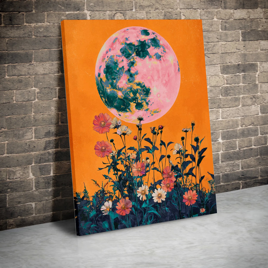 Pink Moon Wildflower Wall Art | Psychedelic Celestial Botanical Print | Gallery Wrapped 1.25 Inch Canvas | Boho Home Decor Gift for Her