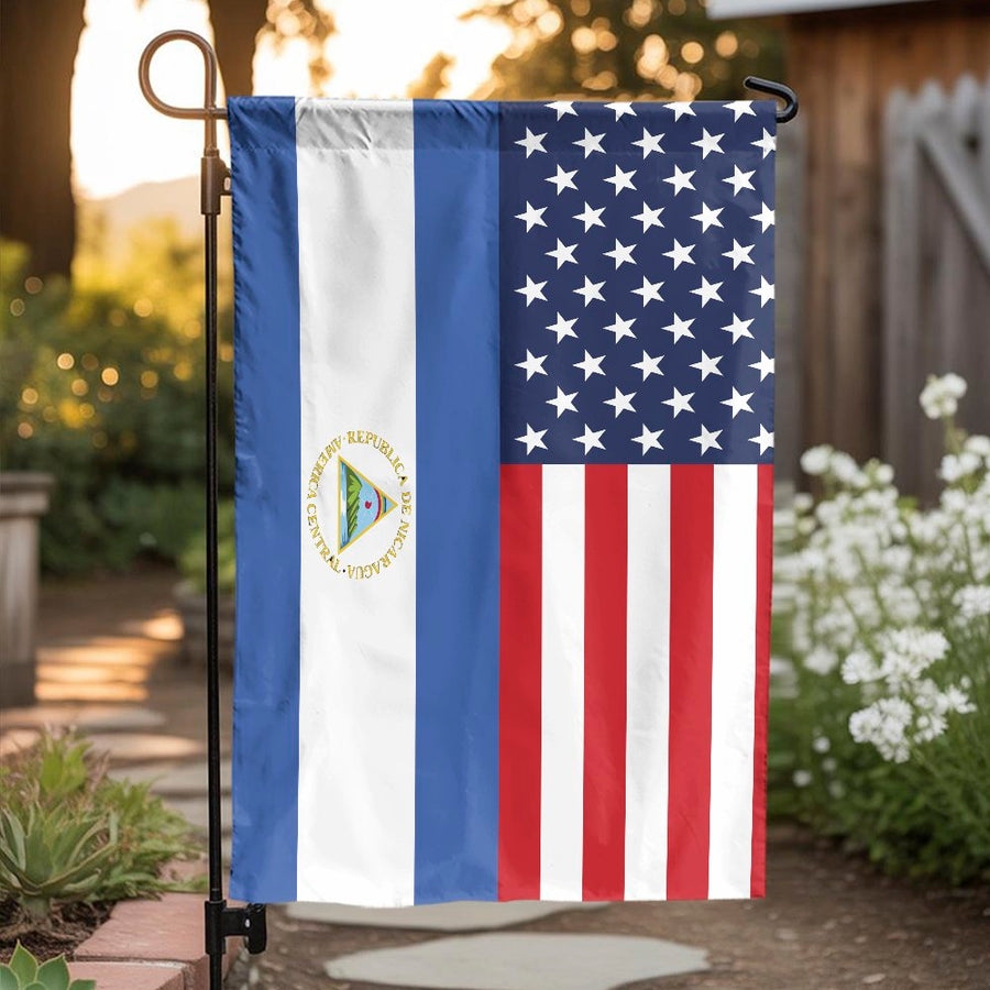 Nicaragua USA Half Flag | Dual Country Heritage Garden Decor | Weather-Resistant Premium Polyester | Gift for Nicaraguan American Patriots