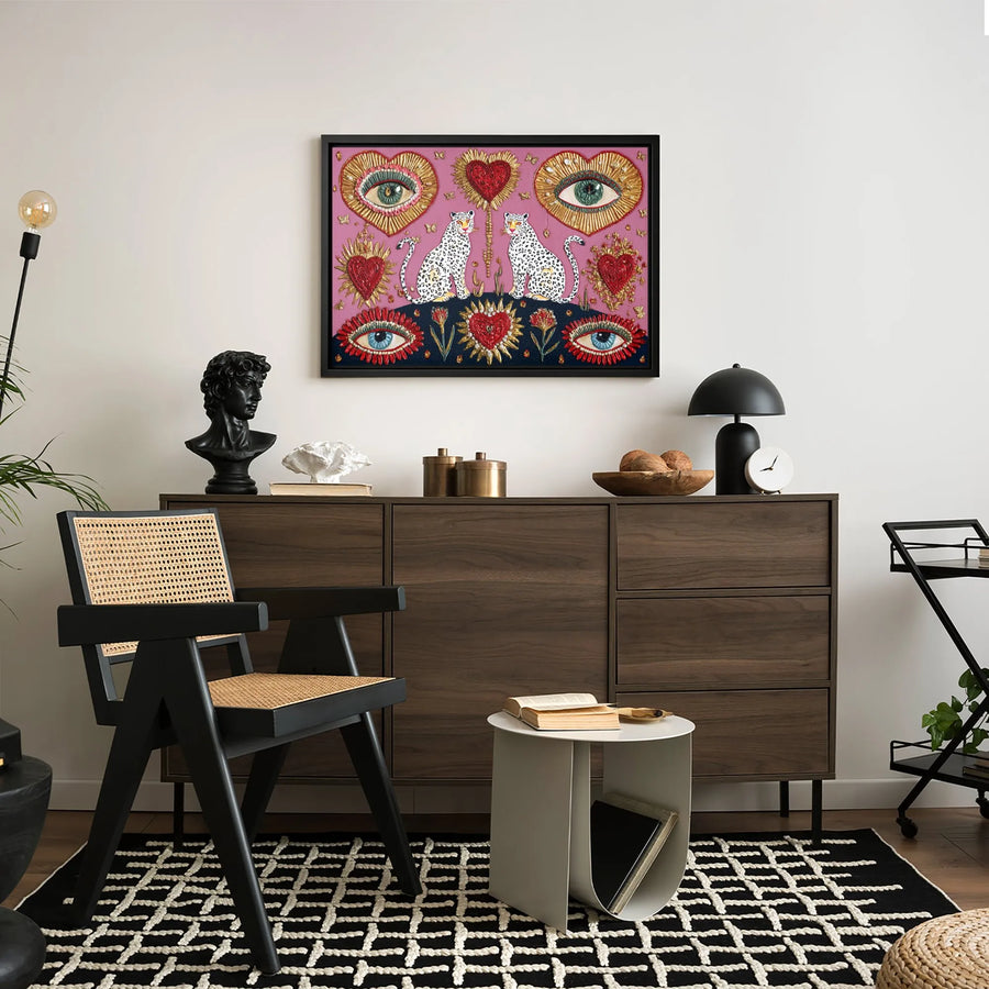 Twin Leopard Canvas Art | Sacred Heart and Evil Eye Wall Decor | Gallery-Wrapped Premium Print | Boho Spiritual Home Office Gift