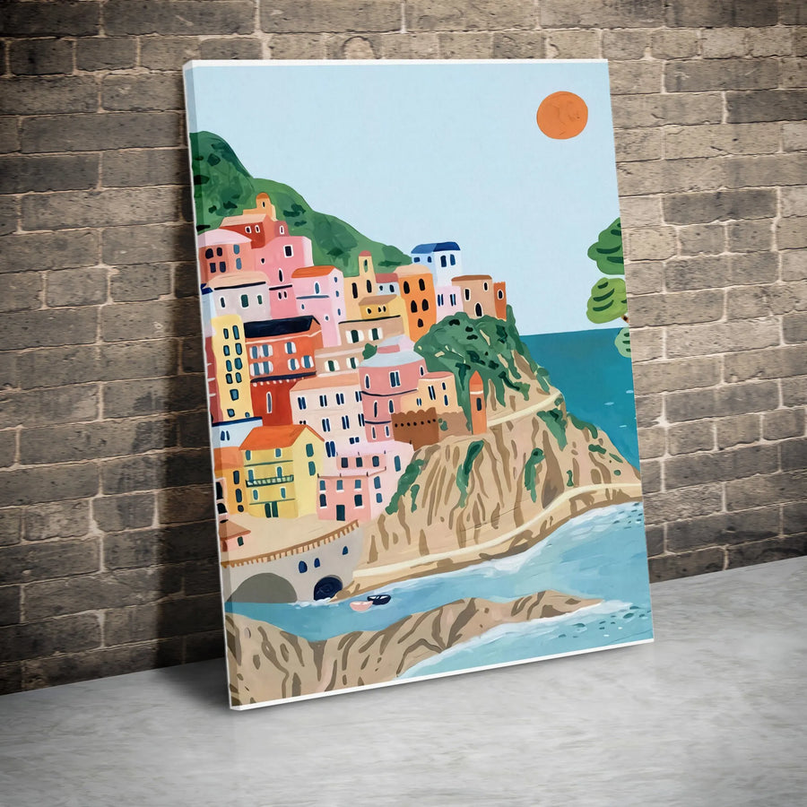Italian Coastal Village Canvas Print | Mediterranean Amalfi Coast Illustration | Gallery Wrap Premium Wall Art | Aesthetic Travel Home Decor Gift