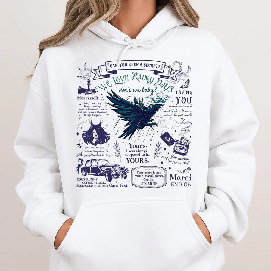 Gothic Raven Hoodie | Aesthetic Rainy Days Quote Graphic | Premium Soft Cotton Blend | Dark Academia Gift for Book Lovers