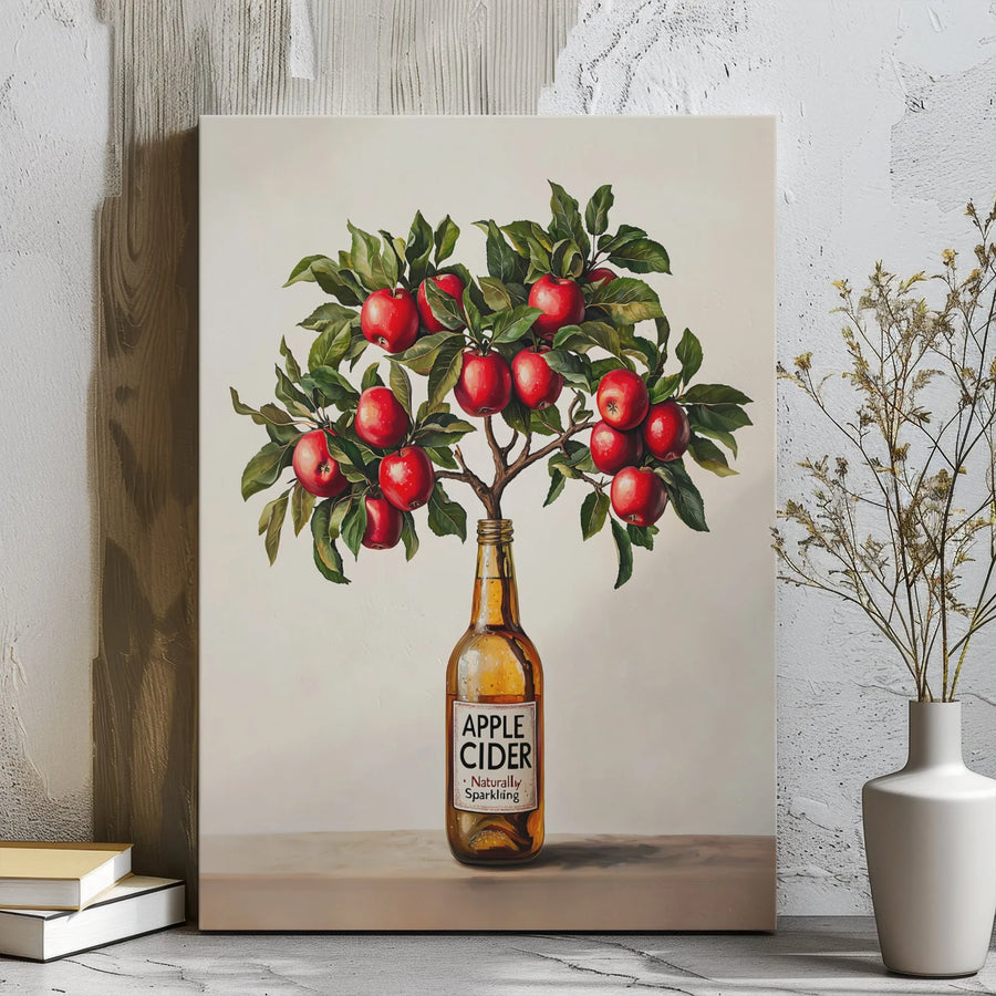 Apple Cider Art Print | Surreal Botanical Cider Bottle Wall Decor | Premium Gallery Wrap Canvas | Kitchen & Bar Decor Gift