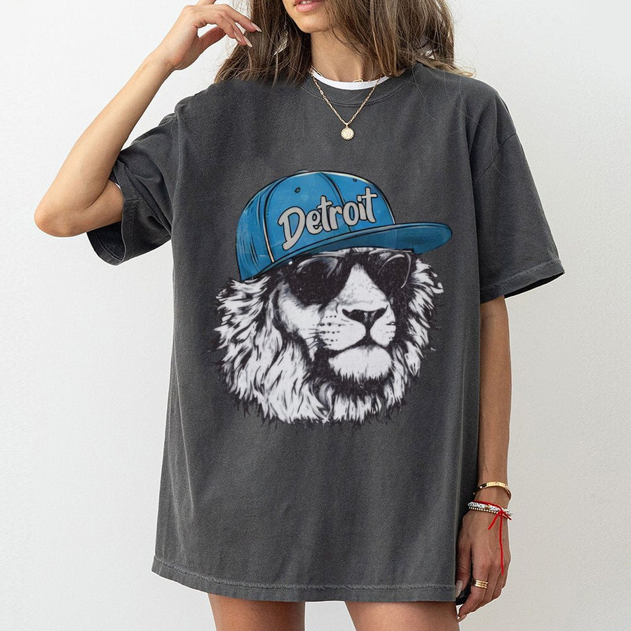 Detroit Lion Wearing A Baseball Cap And Sunglasses T-Shirt