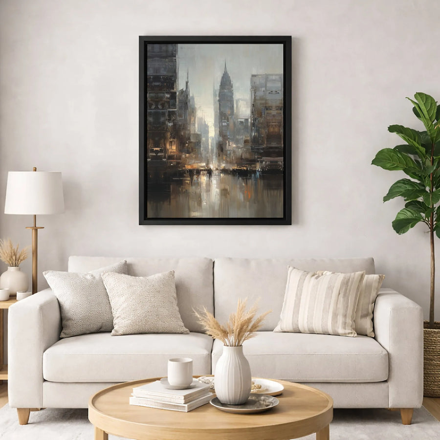 Abstract City Skyline Canvas Art | Moody Urban Dusk Impressionist Print | Premium Gallery Wrapped Wall Decor | Sophisticated Office & Home Gift