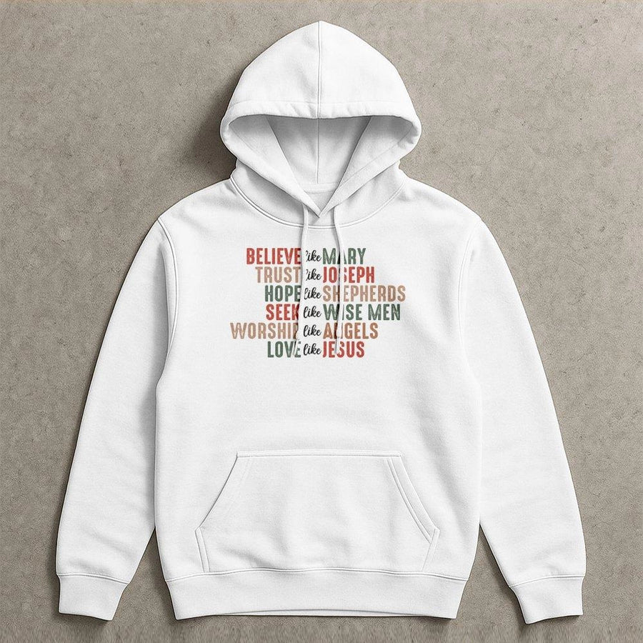 Believe Like Mary Christmas Hoodie | Retro Faith Based Typography Design | Premium Cotton-Poly Blend | Religious Gift for Christian Women and Men