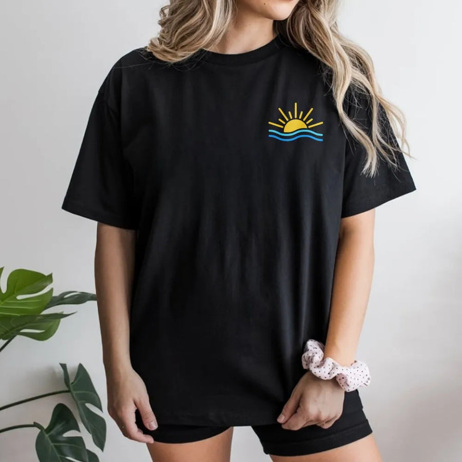 Summer Beach T-Shirt | Minimalist Sun and Wave Graphic | Premium Soft Cotton Blend | Cozy Vacation Crewneck Gift for Her