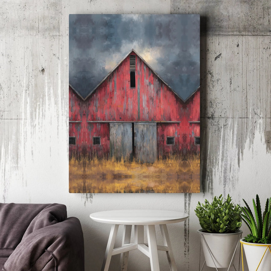 Rustic Red Barn Canvas Wall Art | Impressionist Farmhouse Painting | Premium Stretched Canvas | Country Living Room Decor Gift