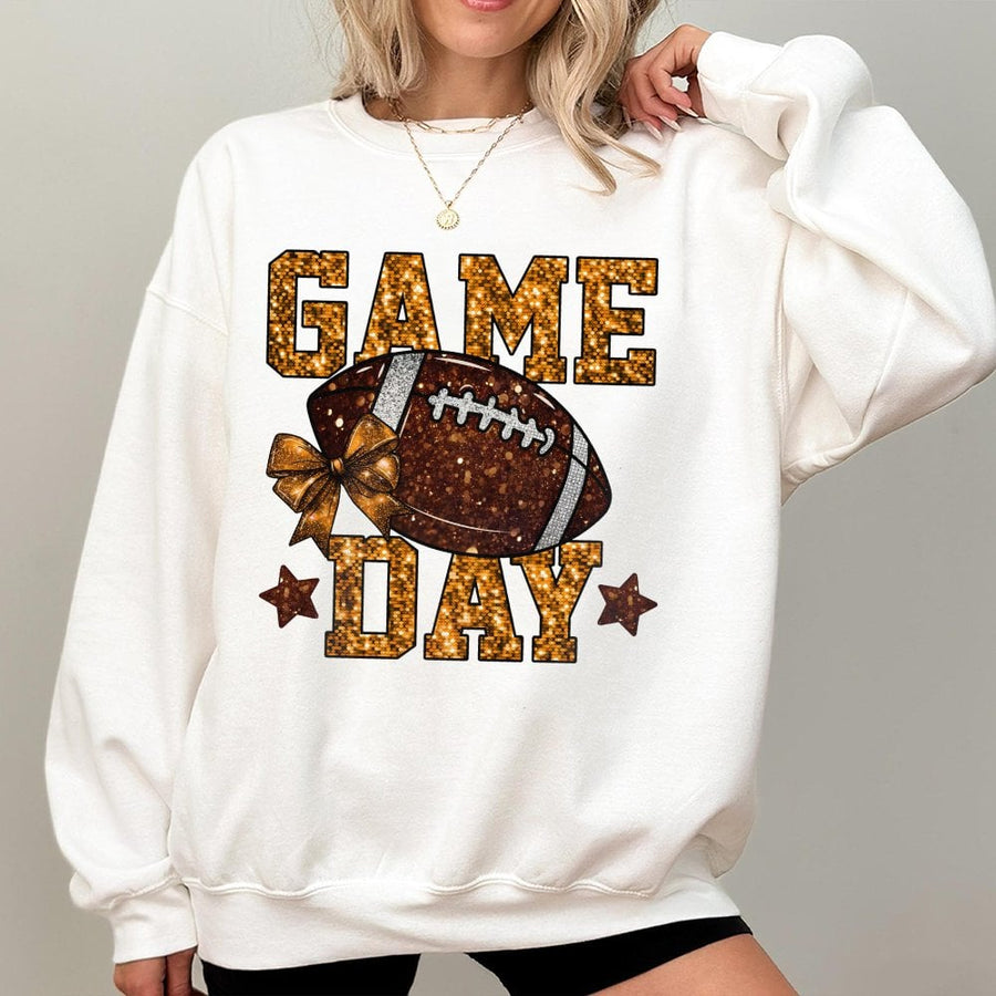 Game Day Football Sweatshirt | Glitter Bow Graphic Design | Premium Cotton Blend | Gift For Football Moms and Fans