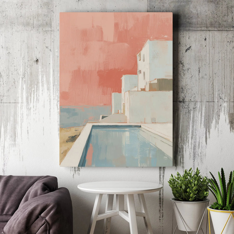 Abstract Architecture Wall Art | Modernist Poolside Villa Painting | Premium Canvas Print | Unique Gift for Architect or Homeowner