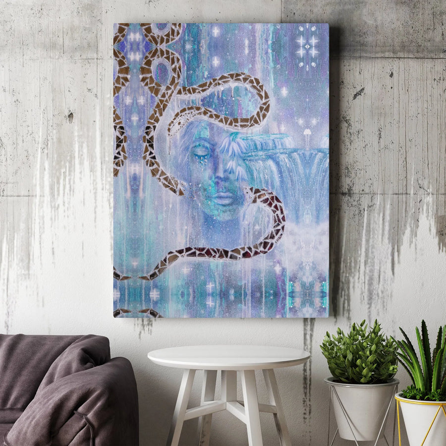 Surreal Weeping Face Canvas | Mosaic Snake Waterfall Wall Art | Premium Gallery Wrap Print | Dreamy Ethereal Home Decor for Bedroom