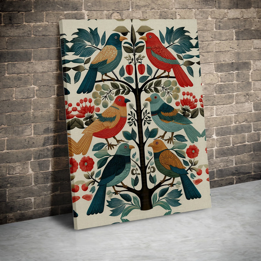 Folk Art Tree Of Life Canvas | Colorful Bird Wall Decor | Gallery Wrapped Premium Print | Boho Botanical Nature Wall Art Gift